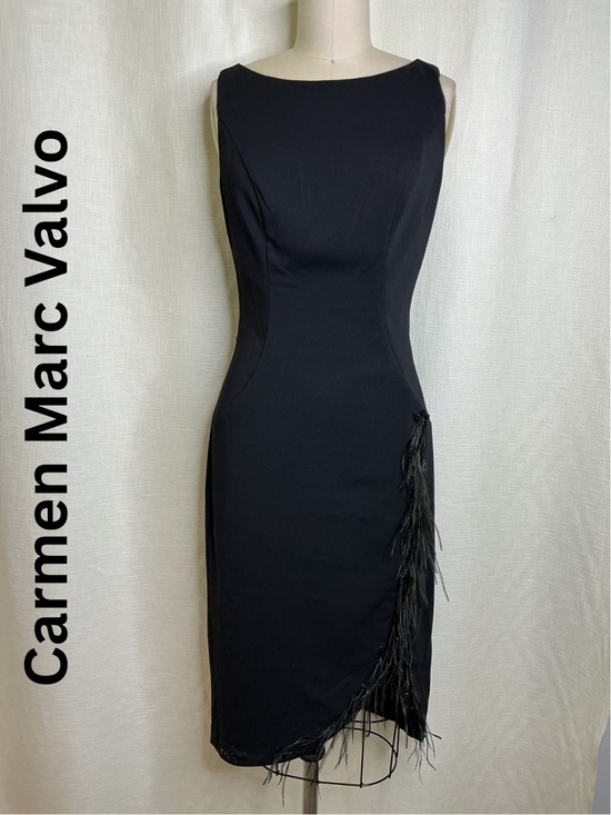 Carmen Marc Valvo Dresses & Skirts - Carmen Marc Valvo Black Feather Trim Cocktail Dress Sleeveless Size 4 Chic